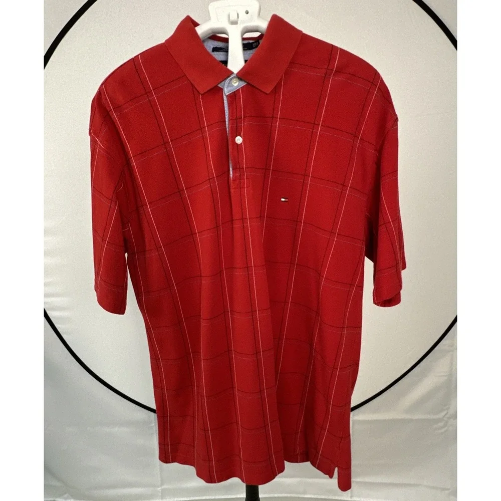 Tommy Hilfiger Men's Sz XXL  Red Polo Short Sleeve Windowpane Plaid